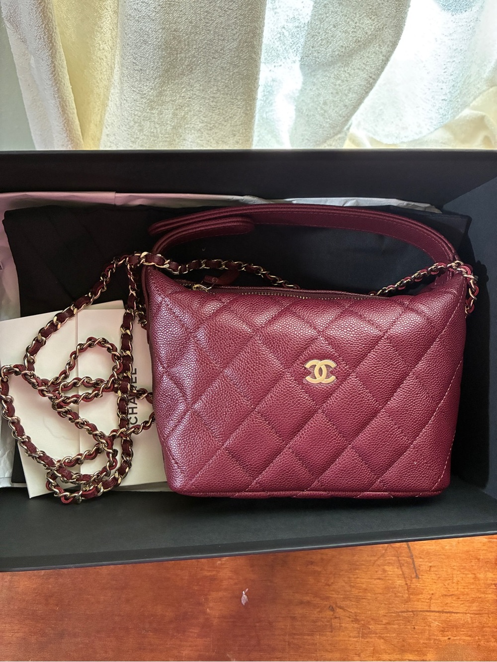 Chanel caviar burgundy red hobo handle lightgold hardware Quilted Crossbody
